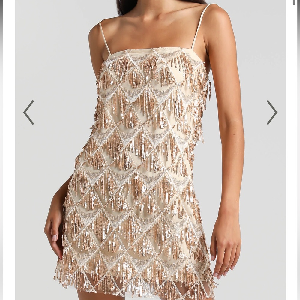 Showpo Shook Mini Dress - CAMI SEQUIN FRINGE DRESS IN CHAMPAGNE SEQUIN